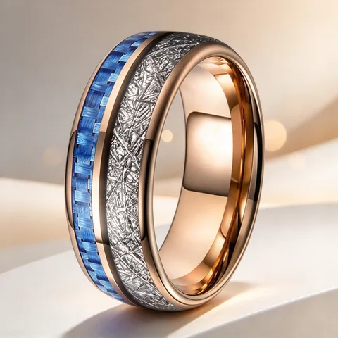 Bague en Acier au Tungstène Plaqué Or Rose Incrustation Fibre de Carbone Bleue Motif Météorite Argent Homme Femme