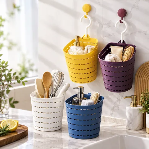 Multifunctional Plastic Hanging Storage Basket With Rotating Hook Hollow Mesh Wall Mounted Bathroom Kitchen Organizer Bin