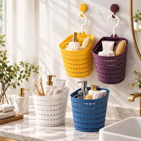 Multifunctional Plastic Hanging Storage Basket With Rotating Hook Hollow Mesh Wall Mounted Bathroom Kitchen Organizer Bin