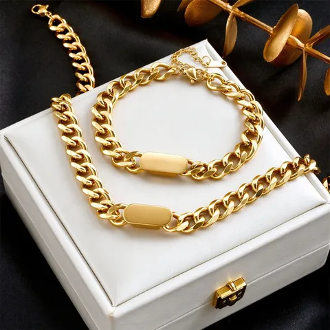 European American Stainless Steel Thick Cuban Chain Bracelet Necklace For Women Hip Hop Minimalist Gold Silver ID Tag Jewelry