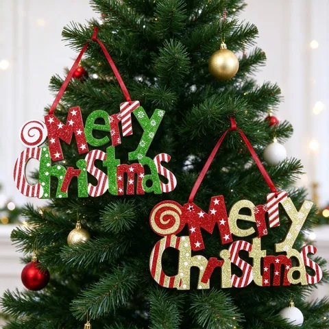 Merry Christmas Letter Sign Glitter Plastic Hanging Plate Red Gold Green Festive Door Decor For Christmas Party Decoration