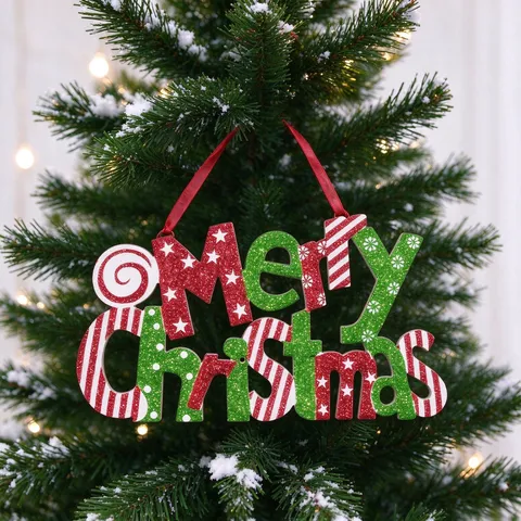 Merry Christmas Letter Sign Glitter Plastic Hanging Plate Red Gold Green Festive Door Decor For Christmas Party Decoration