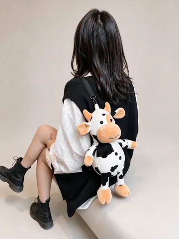Cute Cow Shape Plush Crossbody Bag Cartoon Animal Soft Shoulder Purse For Kids Toddlers Kawaii Daily Accessory