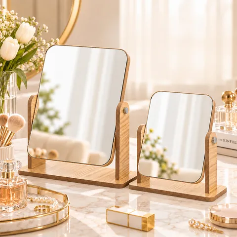 Minimalist Desktop Wooden Makeup Mirror Rotatable HD Surface Standing Cosmetic Mirror For Bedroom Dormitory Home Decor Vanity