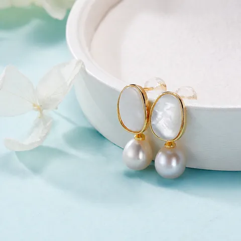 Orecchini Pendenti Con Perle D'acqua Dolce E Intarsio In Conchiglia Con Perno In Argento Sterling 925 Gioielli Eleganti