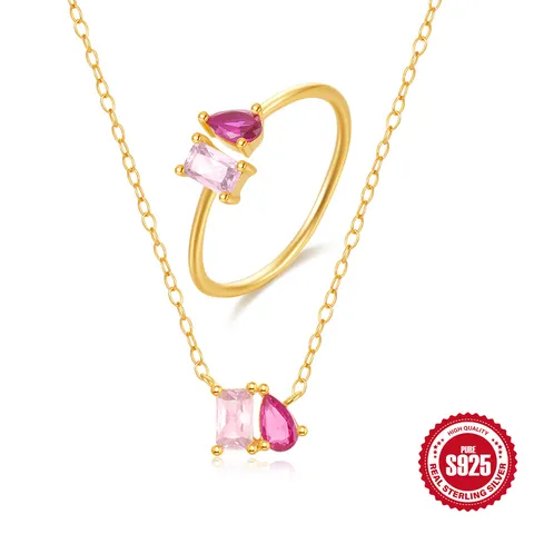 925 Sterlingsilber Zirkonia Geometrisch Ring Halskette Schmuckset Vergoldet Süß Mode Schmuck Geschenk Für Damen