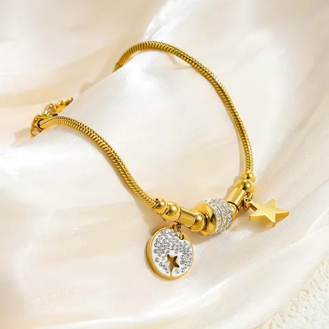 Bracciale Catena Serpente in Acciaio Inossidabile Strass Trifoglio Malocchio Ciondoli Placcato Oro Gioielli Regalo Donna