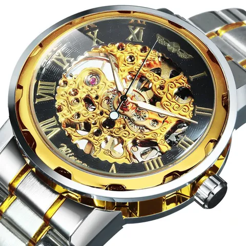 Winner Orologio Meccanico Scheletrato da Uomo Business Casual in Acciaio Inossidabile Lega Orologio da Polso Carica Manuale Oro Argento