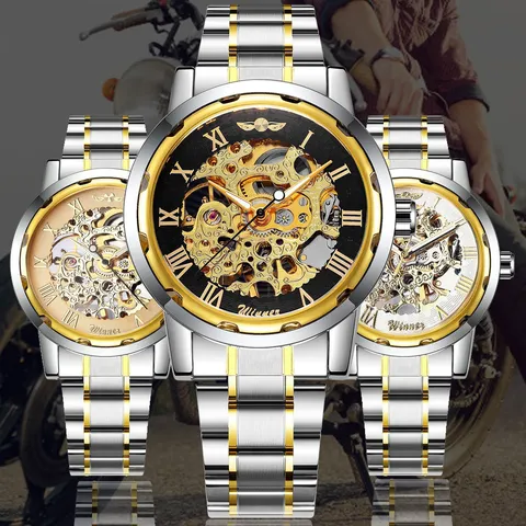 Winner Orologio Meccanico Scheletrato da Uomo Business Casual in Acciaio Inossidabile Lega Orologio da Polso Carica Manuale Oro Argento