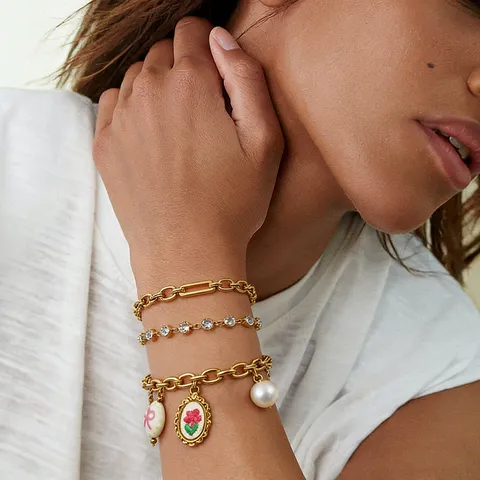 Edelstahl Vergoldete Kette Armband Mit Blumen Perle Strass Anhängern Verstellbare Mode Schmuck Für Damen