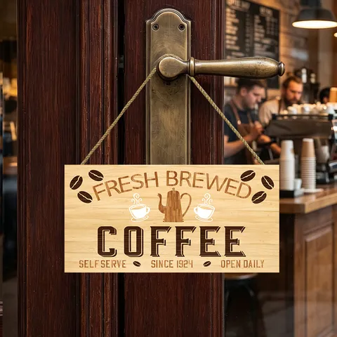 Vintage Wooden Coffee Shop Wall Hanging Plaque Funny Retro MDF Coffee Theme Decorative Sign With Hemp Rope For Cafe Home Kitchen Wall Decor