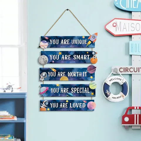 Inspirational Space Theme Wooden Hanging Wall Sign Outer Space Rocket Planet Quotes Wall Art Decor For Kids Nursery Bedroom Classroom