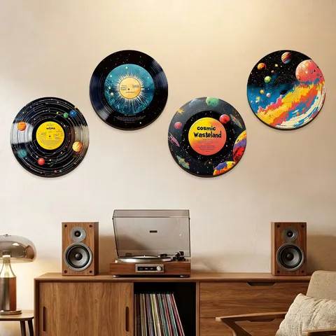 Space Planet Vinyl Record Style Poplar Wood Wall Plaque Set Retro Cosmic Galaxy Starry Sky Printed Round Wall Hanging Decor For Living Room Bedroom