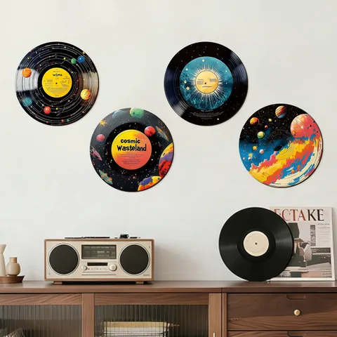Space Planet Vinyl Record Style Poplar Wood Wall Plaque Set Retro Cosmic Galaxy Starry Sky Printed Round Wall Hanging Decor For Living Room Bedroom