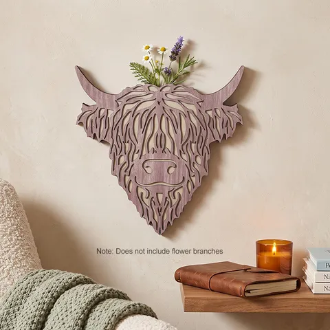 Vintage Western Poplar Wood Highland Cow Head Wall Decor Rustic Hollowed Out Animal Sculpture Flower Vase Hanging Art