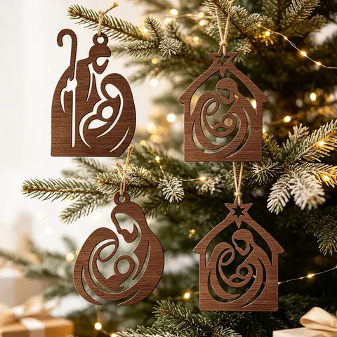 Wooden Christmas Hanging Ornaments Nativity Sacred Family Silhouette Wall Decor Christmas Tree Decorations Holiday Wood Crafts