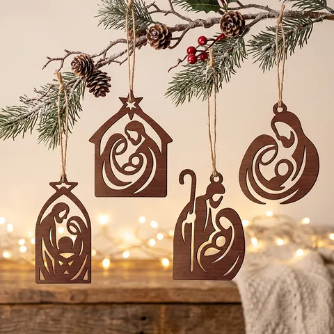 Wooden Christmas Hanging Ornaments Nativity Sacred Family Silhouette Wall Decor Christmas Tree Decorations Holiday Wood Crafts
