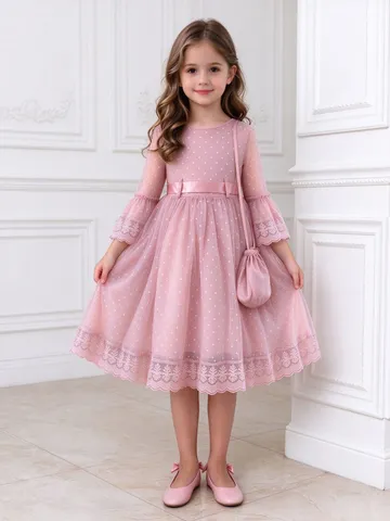 Elegant Flower Girl Tulle Dress For Kids Girls Wedding Party Princess Gown With Lace Bowknot Flare Sleeve Polyester Dress