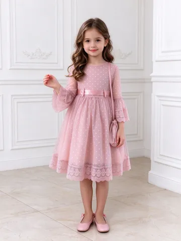 Elegant Flower Girl Tulle Dress For Kids Girls Wedding Party Princess Gown With Lace Bowknot Flare Sleeve Polyester Dress