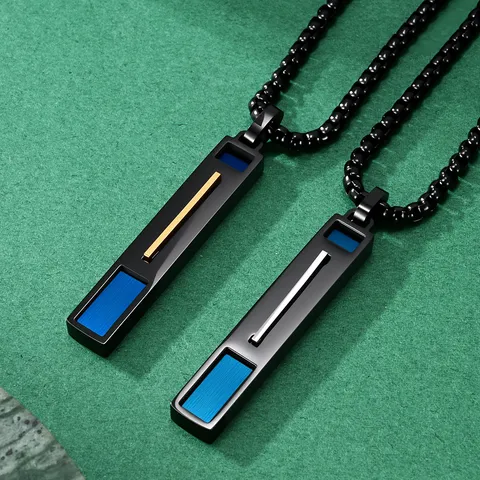 Herren Edelstahl Geometrische Rechteck Anhänger Halskette Patchwork Design Urban Hip Hop Streetwear Schwarz Blau Schmuck
