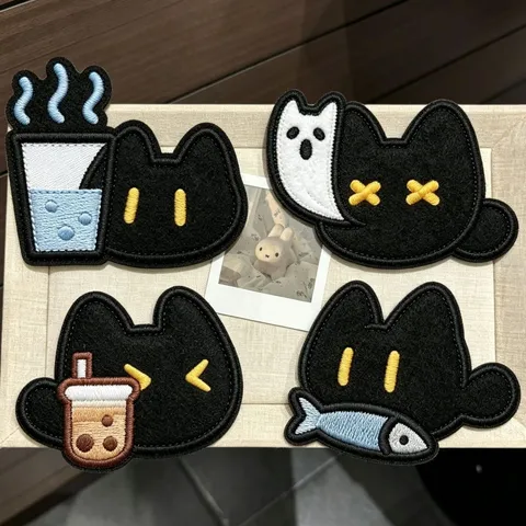 Cute Cartoon Black Cat Hair Fringe Sticker For Women Girls Non-Marking Hair Clip Slacking Cat Milk Tea Embroidery Hair Accessory