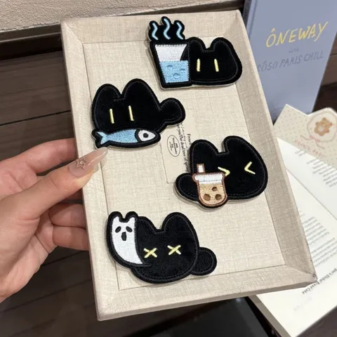 Cute Cartoon Black Cat Hair Fringe Sticker For Women Girls Non-Marking Hair Clip Slacking Cat Milk Tea Embroidery Hair Accessory