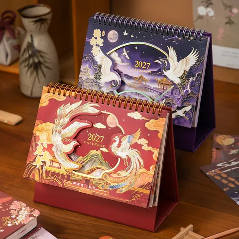 2027 Chinese Style Desk Calendar Phoenix Crane Gold Stamping Paper Desktop Monthly Planner For Home Office Decor Gift