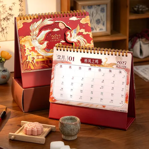 2027 Chinese Style Desk Calendar Phoenix Crane Gold Stamping Paper Desktop Monthly Planner For Home Office Decor Gift