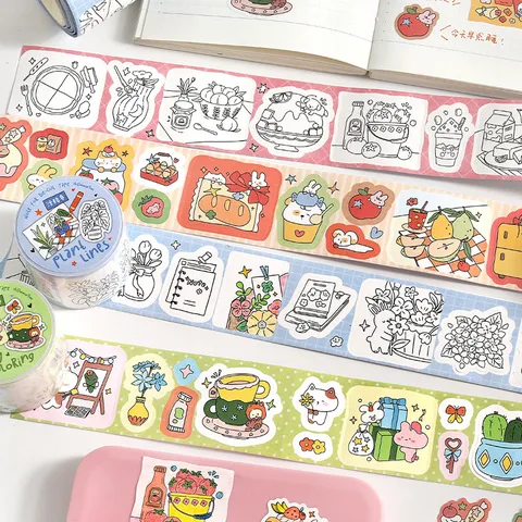 Schattige Cartoon Washi Tape Rol Gestanst Decoratief Maskeertape Voor Journaling Scrapbooking DIY Kunst Ambacht Kleurplaat Sticker