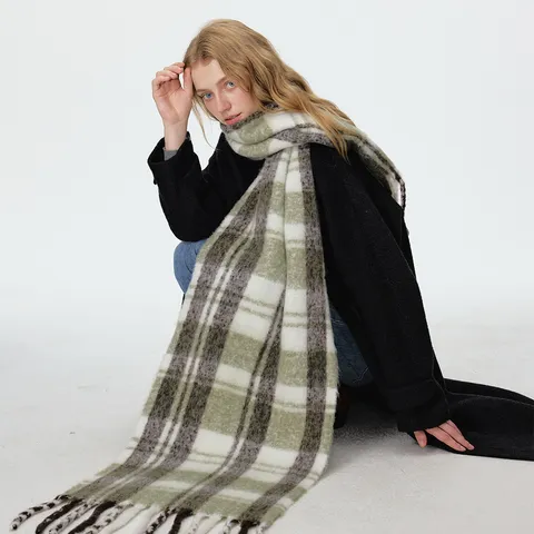 Sciarpa Vintage a Quadri per Donna Uomo Invernale Calda in Poliestere con Nappine Scialle Verde Caffè Bianco