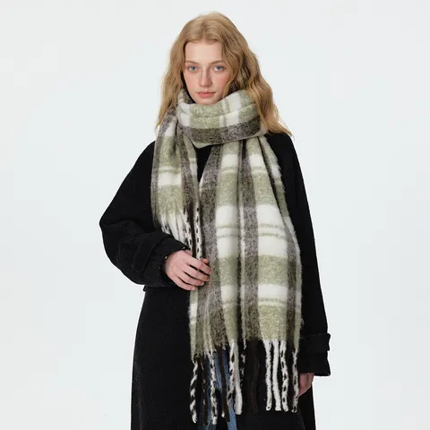 Sciarpa Vintage a Quadri per Donna Uomo Invernale Calda in Poliestere con Nappine Scialle Verde Caffè Bianco