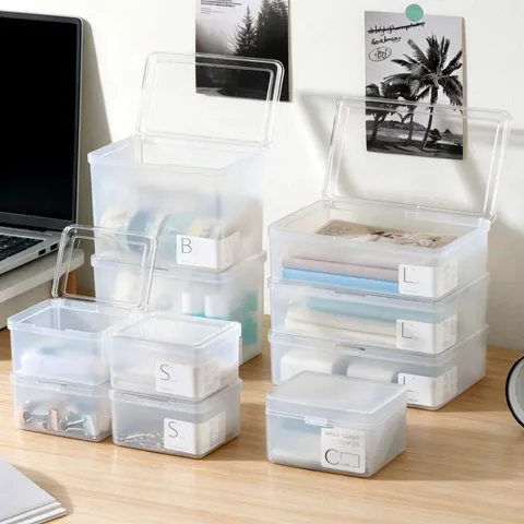 Caja de Almacenamiento con Tapa Abatible Transparente Esmerilada Estilo Japonés Organizador de Escritorio de Plástico PP Joyería
