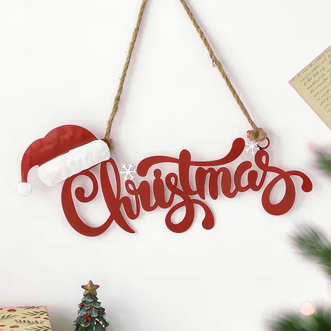 Christmas Iron Art Letter Sign Hanging Ornament Red Metal Christmas Letter Plate With Santa Hat For Xmas Tree Home Window Decor