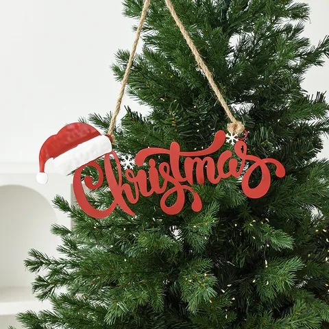 Christmas Iron Art Letter Sign Hanging Ornament Red Metal Christmas Letter Plate With Santa Hat For Xmas Tree Home Window Decor