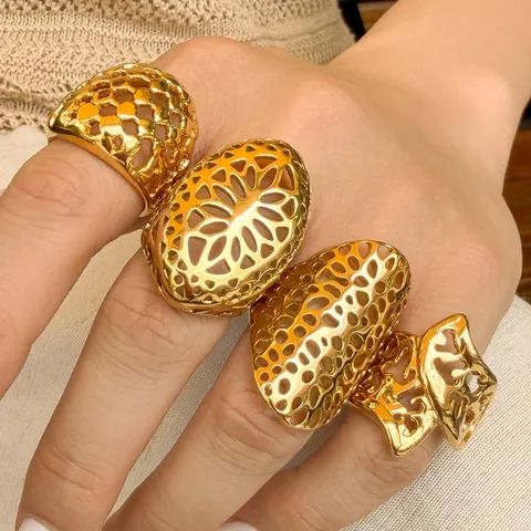 Anello a Fascia Larga Cavo Irregolare di Nicchia Vintage per Donna in Acciaio Inossidabile Placcato Oro 18K Anello da Dito Aperto