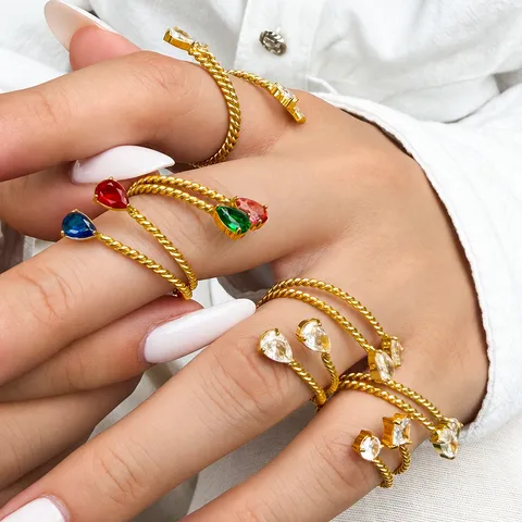 Anello Aperto in Acciaio Inossidabile Placcato Oro Con Zirconia per Donna Design di Nicchia Corda Intrecciata Anelli Geometrici