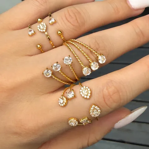 Set di Anelli Aperti Incastonati con Zirconia Geometrica Irregolare in Acciaio Inossidabile Placcato Oro 18K Anelli Regolabili di Lusso per Donna