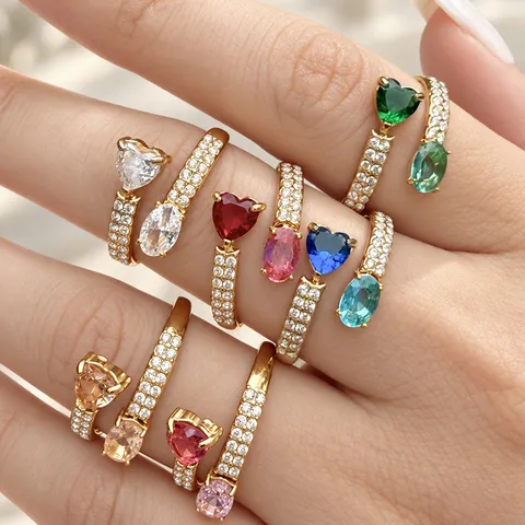 Lussuoso Anello Avvolgente in Acciaio Inossidabile con Doppio Cuore in Zirconia per Donna Placcato Oro Argento Gioiello di Moda Regalo