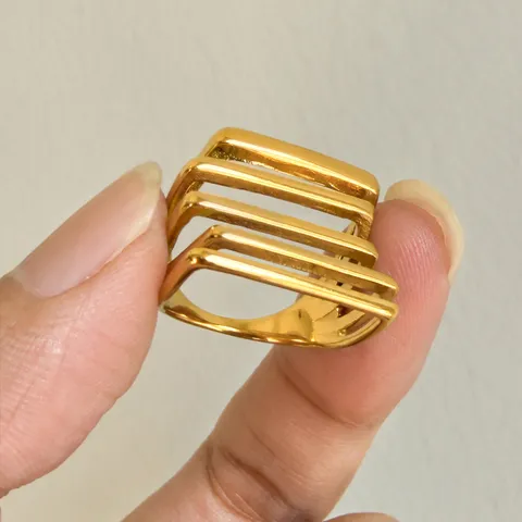 Anello Minimalista in Acciaio Inossidabile Multistrato Cavo a Barre Orizzontali per Donna Anello a Fascia Geometrico Placcato Oro Argento
