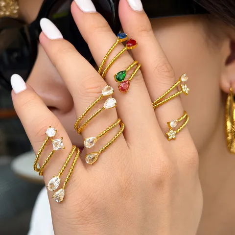 Anello Aperto in Acciaio Inossidabile Placcato Oro Con Zirconia per Donna Design di Nicchia Corda Intrecciata Anelli Geometrici