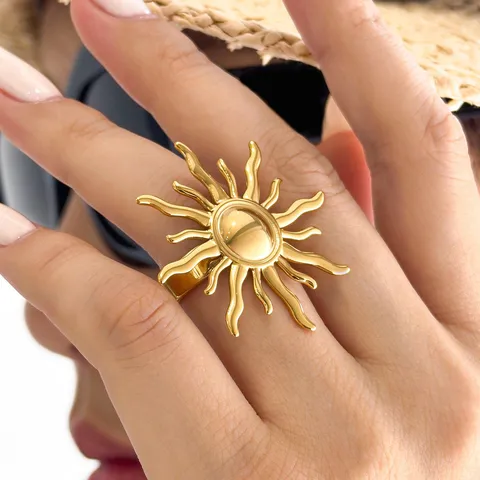 Anello in Acciaio Inossidabile Vintage Placcato Oro 18K con Rilievo a Grana di Sole per Donna Stile Ins Geometrico Irregolare Gioielli Personalità Regalo