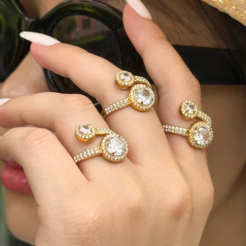 Anello Aperto in Acciaio Inossidabile Placcato Oro Con Zirconia a Doppia Sfera Stile Ins per Donna Gioiello Elegante da Dito