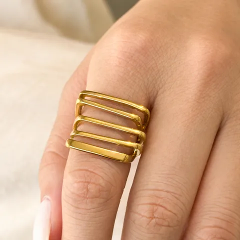 Anello Minimalista in Acciaio Inossidabile Multistrato Cavo a Barre Orizzontali per Donna Anello a Fascia Geometrico Placcato Oro Argento