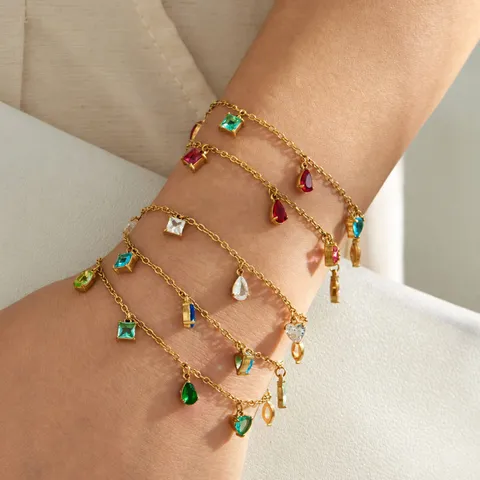 Fashion Stainless Steel Colorful Zirconia Water Drop Geometric Pendant Chain Bracelet Anklet For Women Ins Style Jewelry