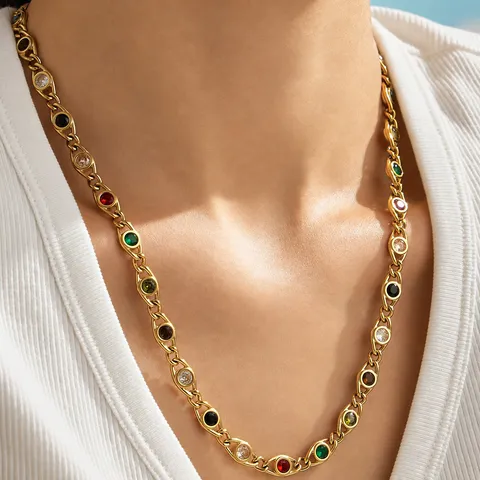 Luxury Stainless Steel Gold Plated Oval Zirconia Chain Necklace Bracelet Set For Women Fashion Jewelry Commute Accessory