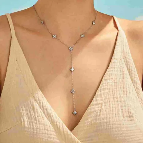 Collier en Y Fleur Zirconia Étincelant Plaqué Or 18K Acier Inoxydable Imperméable Ne Se Décolore Pas Collier Chaîne Longue pour Femmes Bijoux