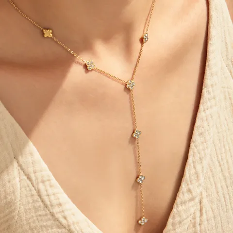 Stainless Steel 18K Gold Plated Cat's Eye Stone Jewelry Set Artificial Pearl Rhinestone Four-leaf Clover Necklace Ring For Women