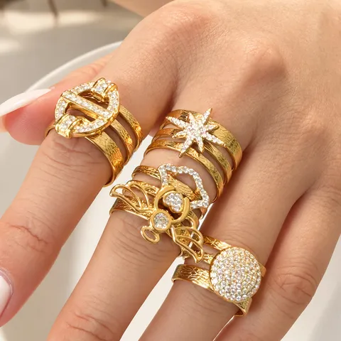 Anello Aperto in Acciaio Inossidabile Placcato Oro Retrò Francese per Donna Anello con Strass Irregolare Moda Lusso Regolabile