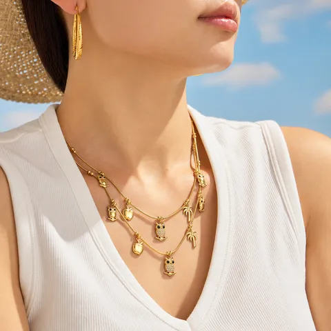 Stainless Steel Jewelry Set For Women Owl Apple Coconut Tree Pendant Necklace Bracelet Zirconia Inlaid Fashion Jewelry Gift