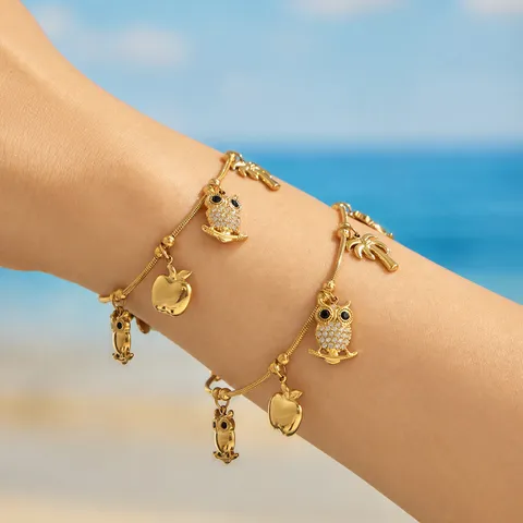 Stainless Steel Jewelry Set For Women Owl Apple Coconut Tree Pendant Necklace Bracelet Zirconia Inlaid Fashion Jewelry Gift